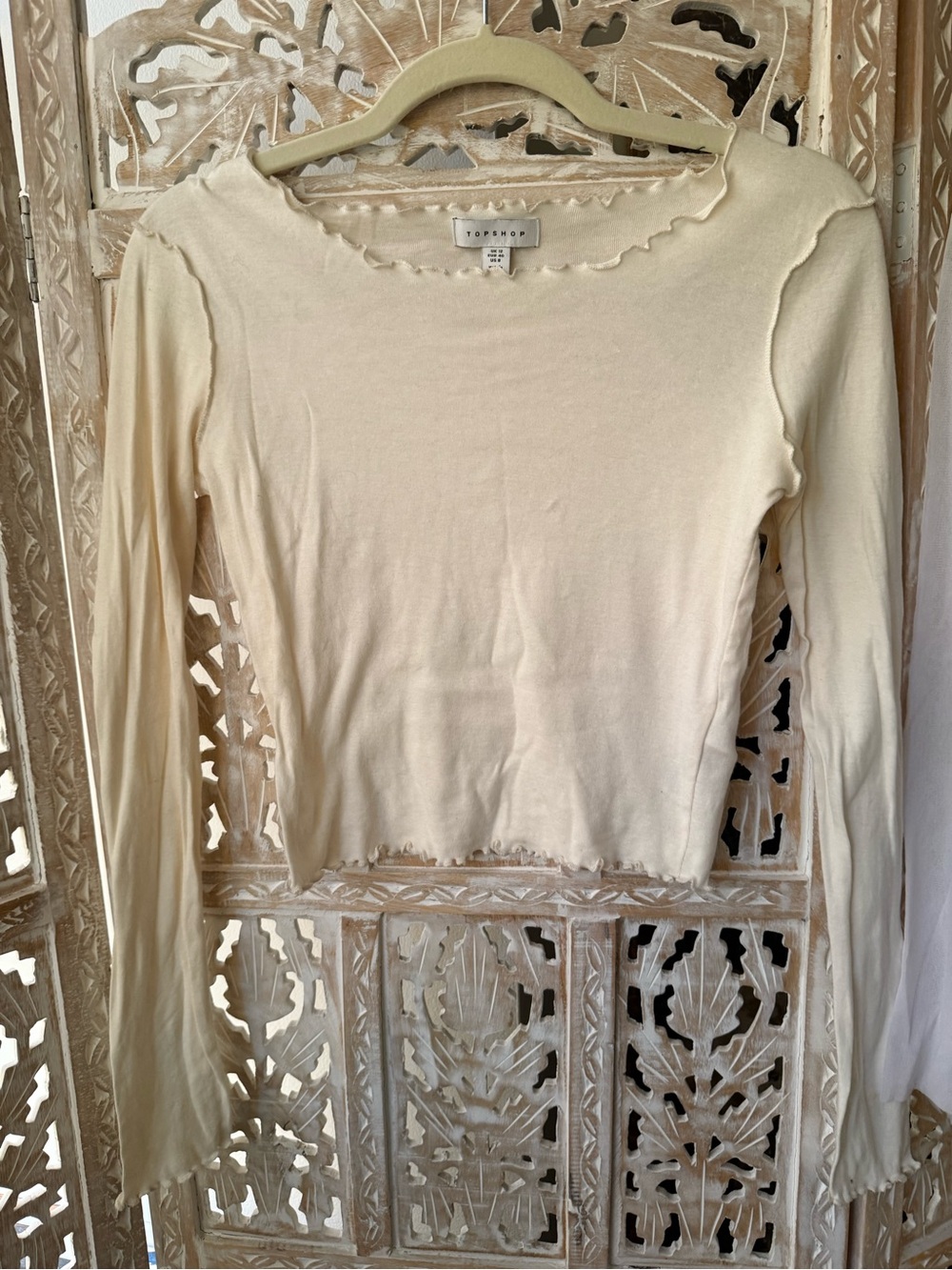 Topshop Cream Long Sleeve Ribbed Lettuce-Trim Top